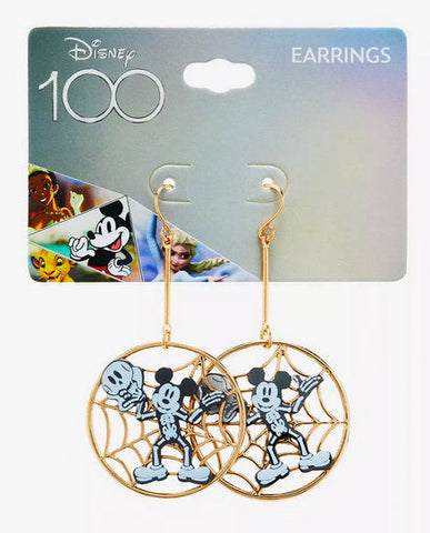Disney 100 Mickey Mouse Spider Web Skeleton Halloween Drop Earrings New
