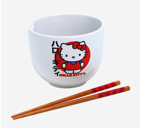 Hello Kitty Kanji Ceramic 20oz Ramen Bowl With Wooden Chopsticks NEW