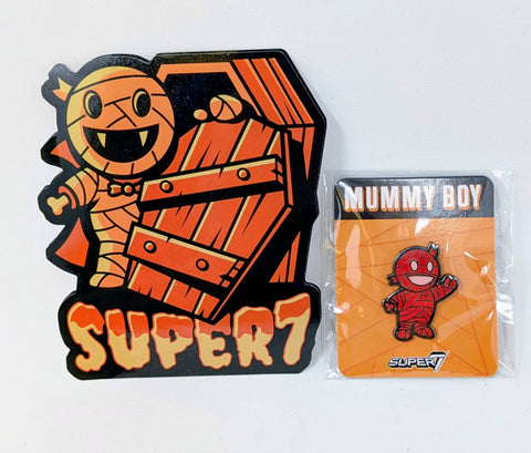 Super7 Red Mummy Boy Mascot Enamel Pin and Sticker Set