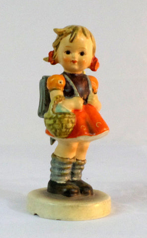 Vintage Hummel 4" Figurine: Orange Dress School Girl w Basket and Back-Pack - redrum comics