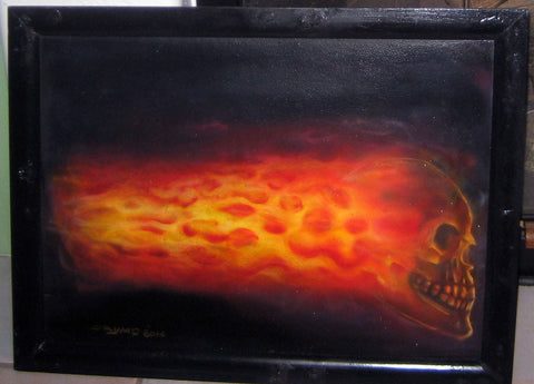 Airbrushed Flaming Skull on Fire on Canvas Board with Black Background and Frame - redrum comics