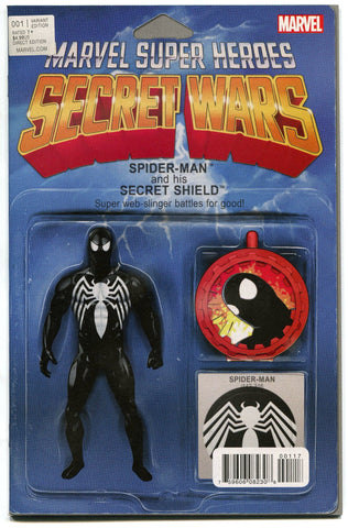Secret Wars #1 Black Costume Spider-Man Action Figure Variant Cover NM 2015 - redrum comics